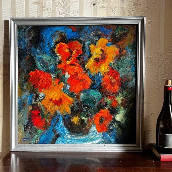 Image of "Still Life" with crimson sunflowers by Анатолій Пономаренко, size: 60х60, made of Oil on hardboard, painting medium, from Kyiv