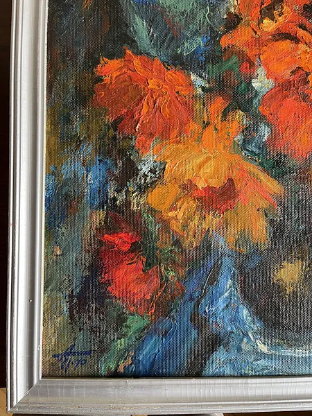 Image of "Still Life" with crimson sunflowers by Анатолій Пономаренко, size: 60х60, made of Oil on hardboard, painting medium, from Kyiv Photo 3 of 14.