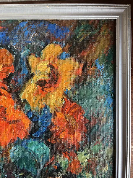 Image of "Still Life" with crimson sunflowers by Анатолій Пономаренко, size: 60х60, made of Oil on hardboard, painting medium, from Kyiv Photo 5 of 14.