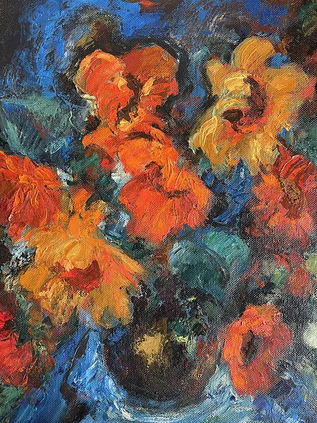 Image of "Still Life" with crimson sunflowers by Анатолій Пономаренко, size: 60х60, made of Oil on hardboard, painting medium, from Kyiv Photo 9 of 14.