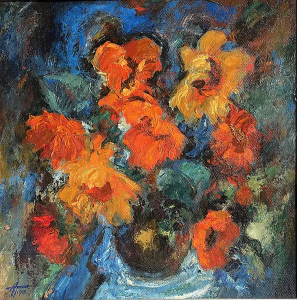 Image of "Still Life" with crimson sunflowers by Анатолій Пономаренко, size: 60х60, made of Oil on hardboard, painting medium, from Kyiv Photo 14 of 14.