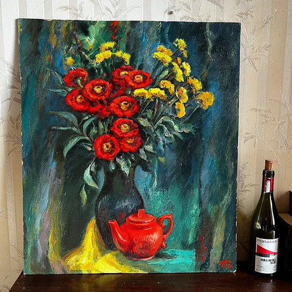 Image of Still life with a red teapot by Анатолій Пономаренко, size: 70х60, made of Oil on hardboard, painting medium, from Kyiv