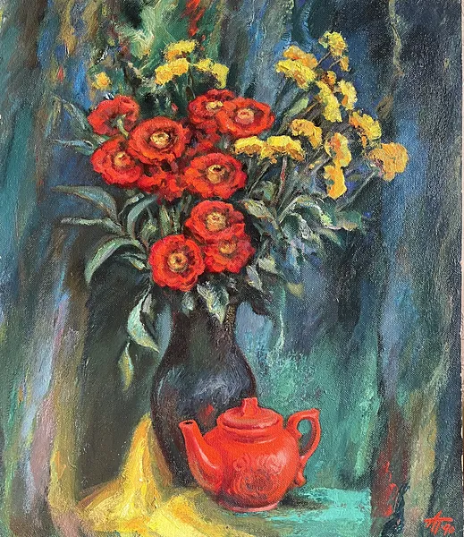 Image of Still life with a red teapot by Анатолій Пономаренко, size: 70х60, made of Oil on hardboard, painting medium, from Kyiv Photo 2 of 14.