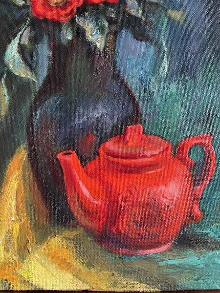 Image of Still life with a red teapot by Анатолій Пономаренко, size: 70х60, made of Oil on hardboard, painting medium, from Kyiv Photo 4 of 14.