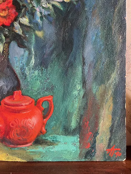 Image of Still life with a red teapot by Анатолій Пономаренко, size: 70х60, made of Oil on hardboard, painting medium, from Kyiv Photo 6 of 14.