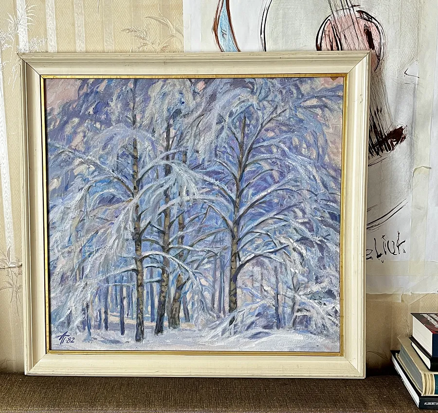 Image of "Birch trees in the snow" by Анатолій Пономаренко, size: 65х70, made of tempera on hardboard, painting medium, from Kyiv