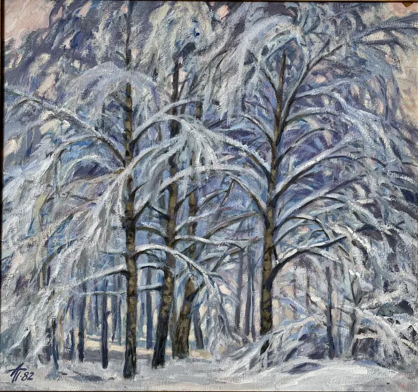 Image of "Birch trees in the snow" by Анатолій Пономаренко, size: 65х70, made of tempera on hardboard, painting medium, from Kyiv Photo 2 of 11.