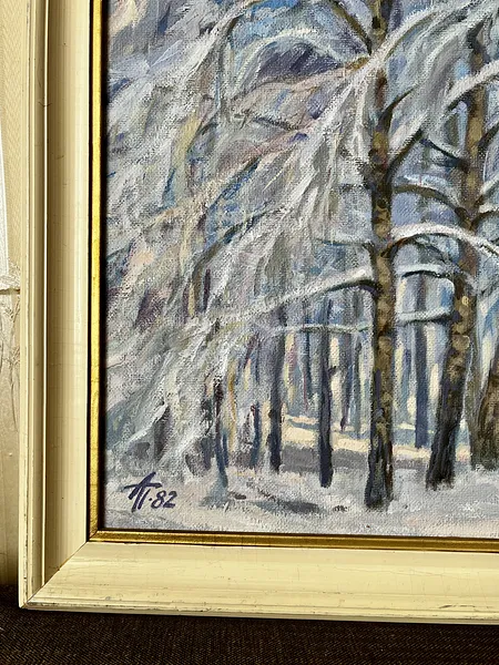 Image of "Birch trees in the snow" by Анатолій Пономаренко, size: 65х70, made of tempera on hardboard, painting medium, from Kyiv Photo 5 of 11.