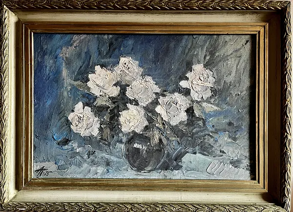 Image of White Roses by Анатолій Пономаренко, size: 41х59, made of Tempera on hardboard, painting medium, from Kyiv Photo 2 of 13.