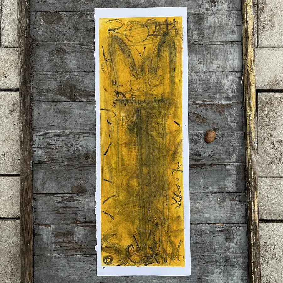 Image of The Furious Trident by Sashko Seliuk, size: 60x21, made of charcoal, oil and scratching on paper, graphics medium, from Kyiv, part of the Totems series, priced at $200