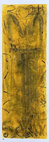 Image of The Furious Trident by Sashko Seliuk, size: 60x21, made of charcoal, oil and scratching on paper, graphics medium, from Kyiv, part of the Totems series, priced at $200 Photo 2 of 8.