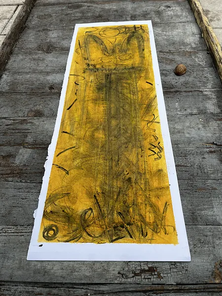 Image of The Furious Trident by Sashko Seliuk, size: 60x21, made of charcoal, oil and scratching on paper, graphics medium, from Kyiv, part of the Totems series, priced at $200 Photo 3 of 8.